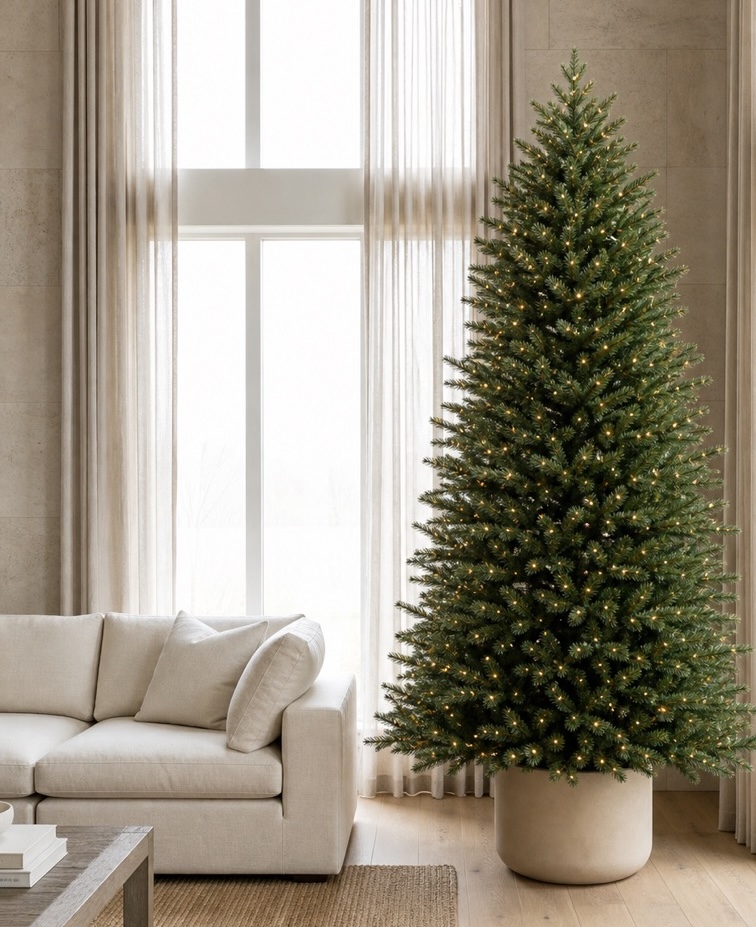 Bare Everley artificial tree with integrated lighting in a neutral living room