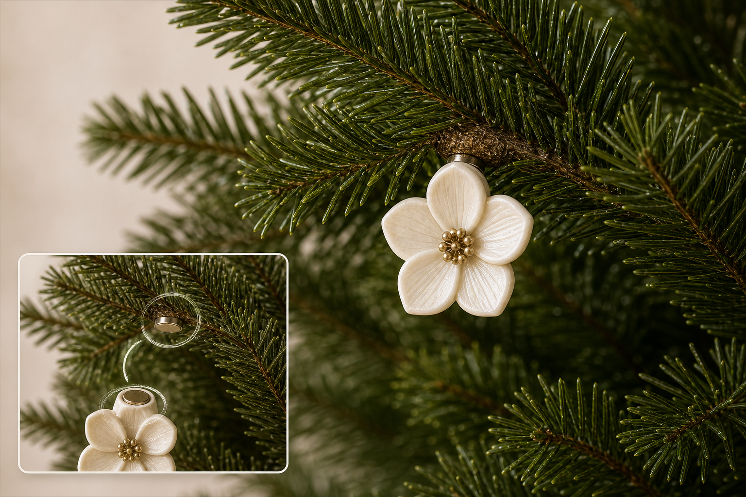 Magnetic flower ornament attached beneath an evergreen branch