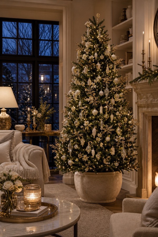Winter Everley tree with evergreen and heirloom ornament styling