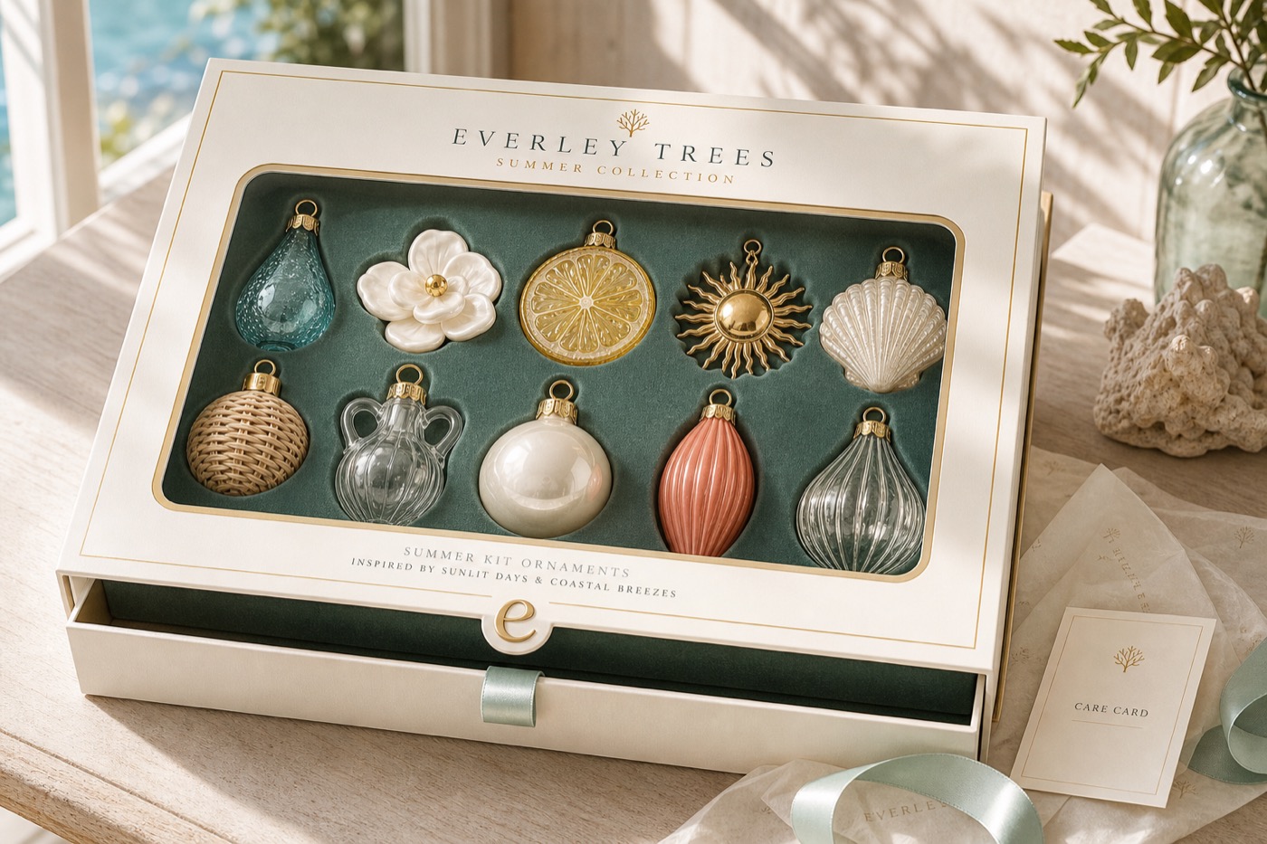 Everley base kit packaging with organized ornaments and care cards